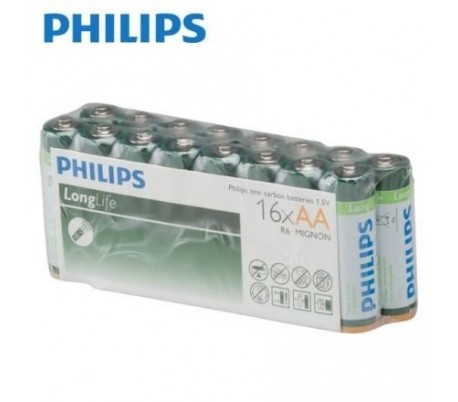 Paquete ahorro 16 pilas - Philips Larga duración AA R6 de 1,5 V de zinc-carbono