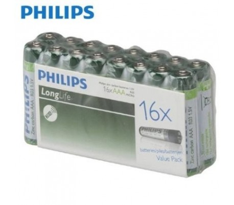 Paquete ahorro 16 pilas-Philips Larga duración AAA R03 de 1,5 V de zinc-carbono