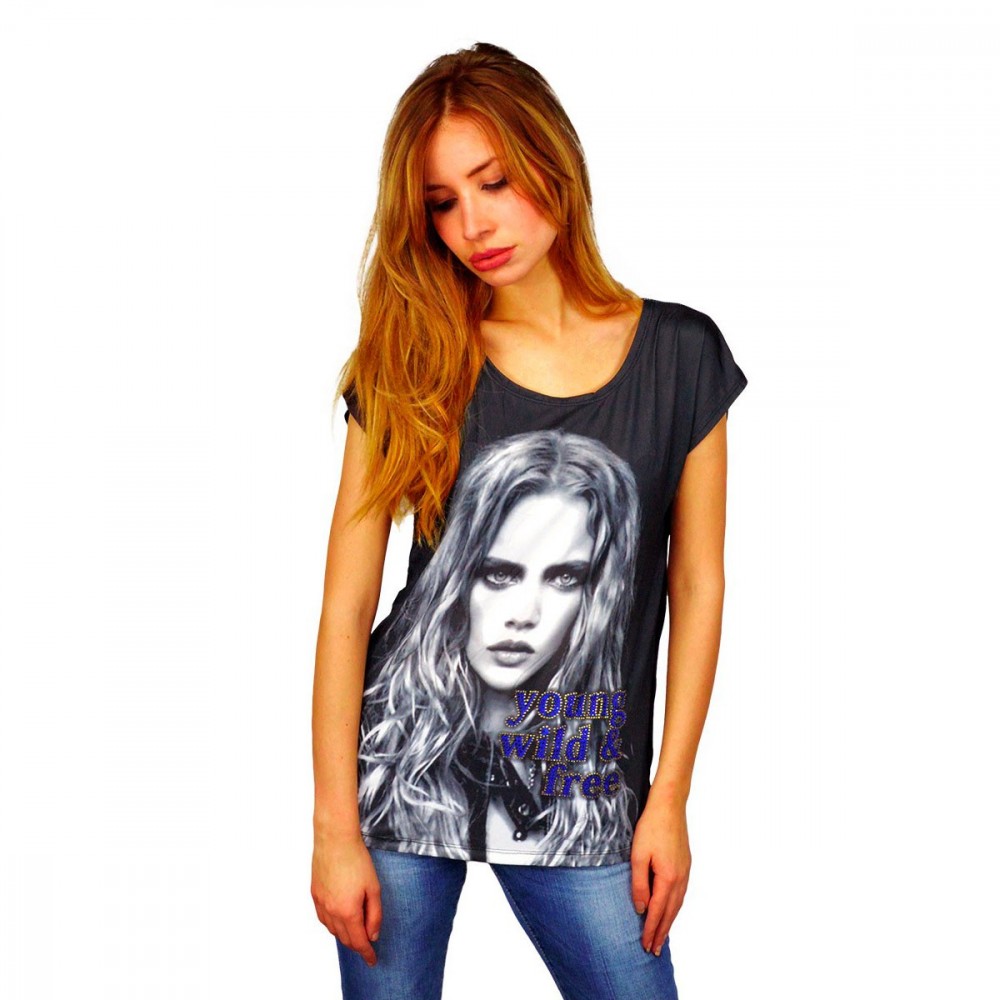 2391 Camiseta manga corta para mujer BLACKY efecto poster y detalles brillantes