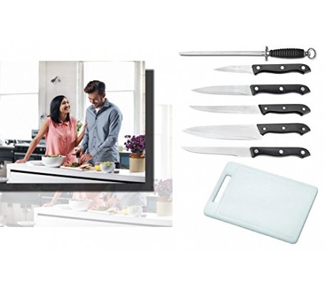 Set de 5 cuchillos de cocina de acero inox + afilador + tabla de corte / Staineless Steel - WELKHOME - Menaje cocina