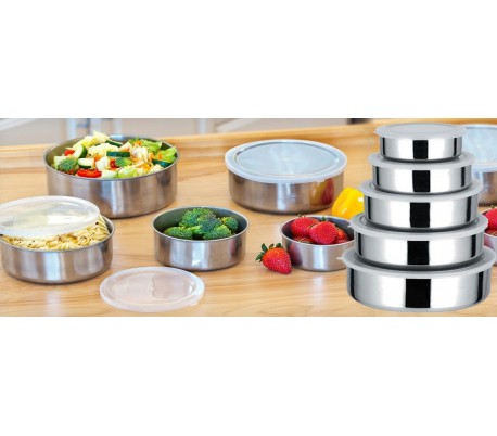 Set de 5 cuencos de acero - Contenedor de alimentos con tapa / Aptos para la nevera - WELKHOME