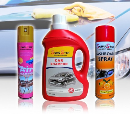 Kit 3 productos SCHU-STER para limpiar el coche spray perfumado champú y el esmalte para salpicadero 