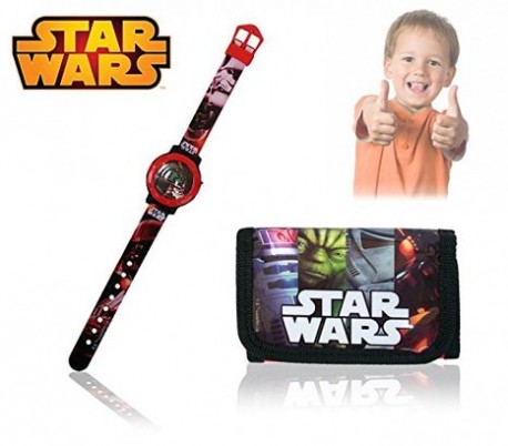 Set cartera + reloj de pulsera digital con correa de goma infantil para niño y niña con motivo de STAR WARS - SW16389