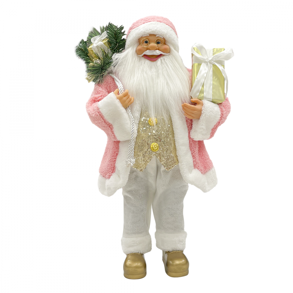 Papá noel 60H cm vestido rosa y blanco 144286 con mini luces y sonidos