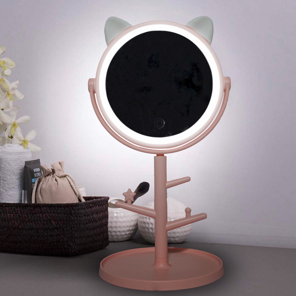 Espejo maquillaje cosmético luz LED sobremesa con soporte para joyas recargable