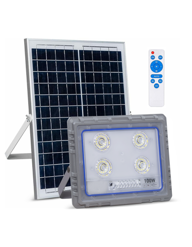 Proyector Solar LED 100W Panel Solar Crepuscular 6500K IP66 con Control Remoto