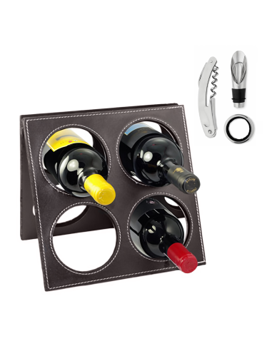 Portabotellas de vino en eco cuero para 4 botellas con accesorios para abrir