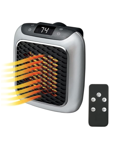 Mini estufa eléctrica portátil 800W con pantalla LED y temporizador ajustable.